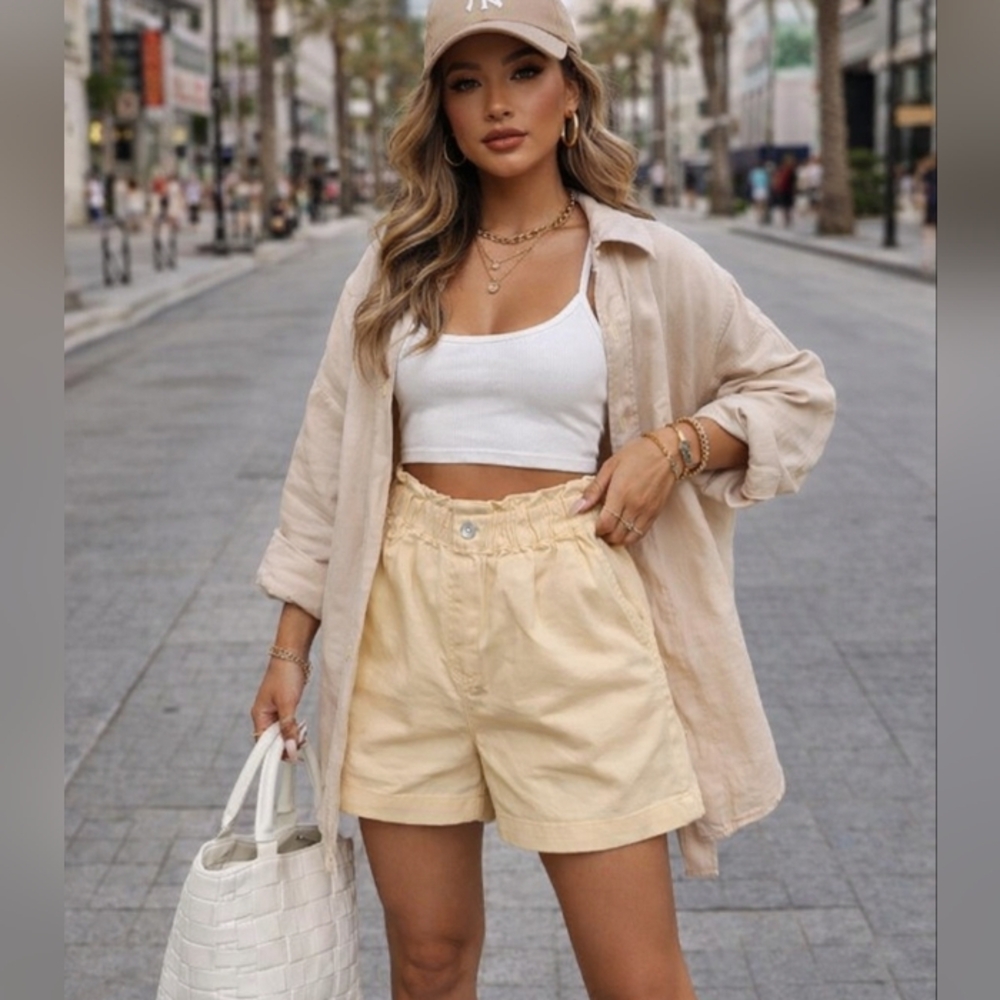 Papaya Denim 100% Cotton Pale Yellow High-Waist Shorts Summer Casual Cute